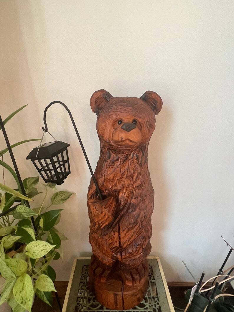 Adorable Bear Chainsaw Carving with Solar Light, Cabin Decor