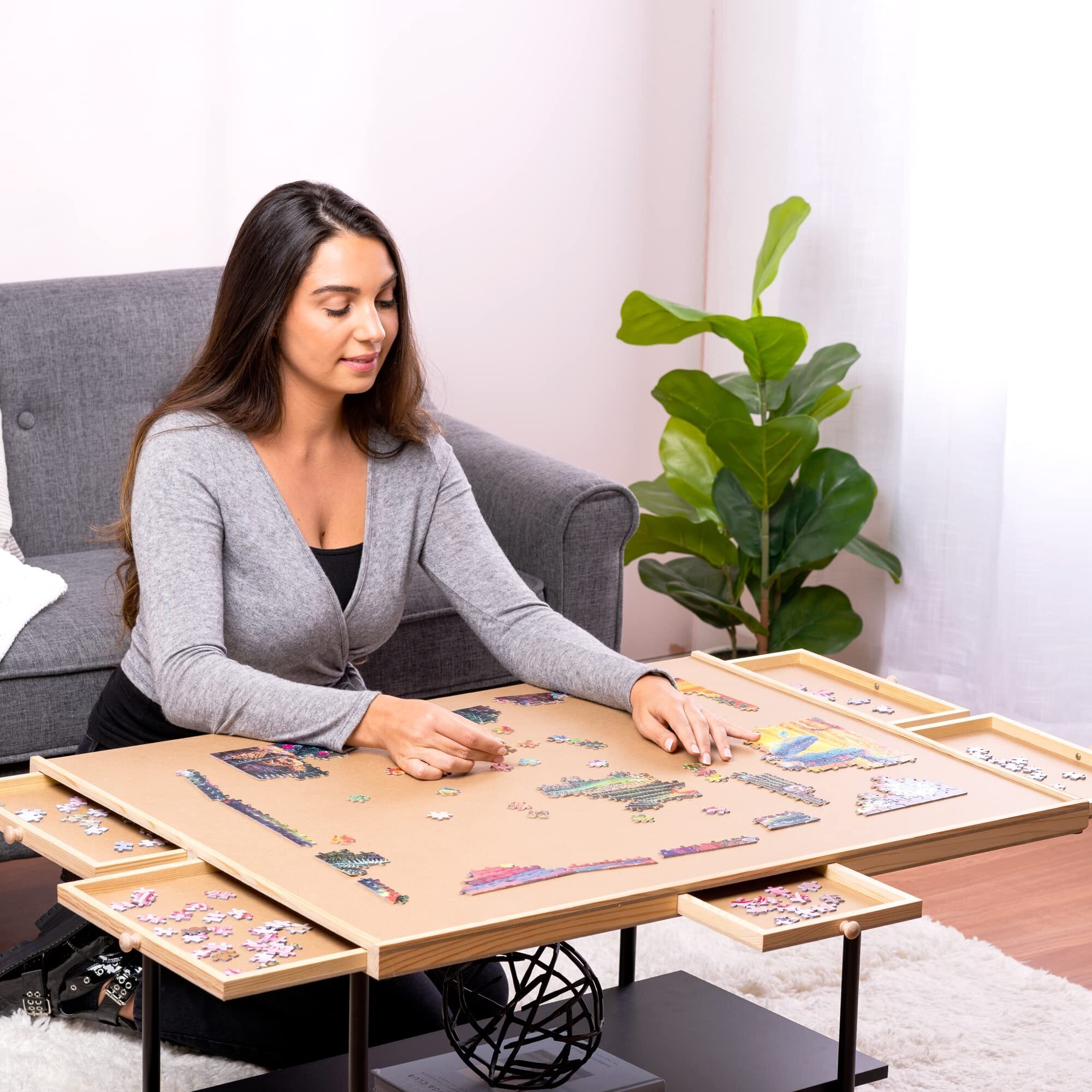 1500 Piece Wooden Jigsaw Puzzle Table - 6 Drawers, 9 Glue Sheets & 3 Hangers | 27” X 35” Jigsaw Puzzle Board Portable - Portable Puzzle Table for Teens and Adults