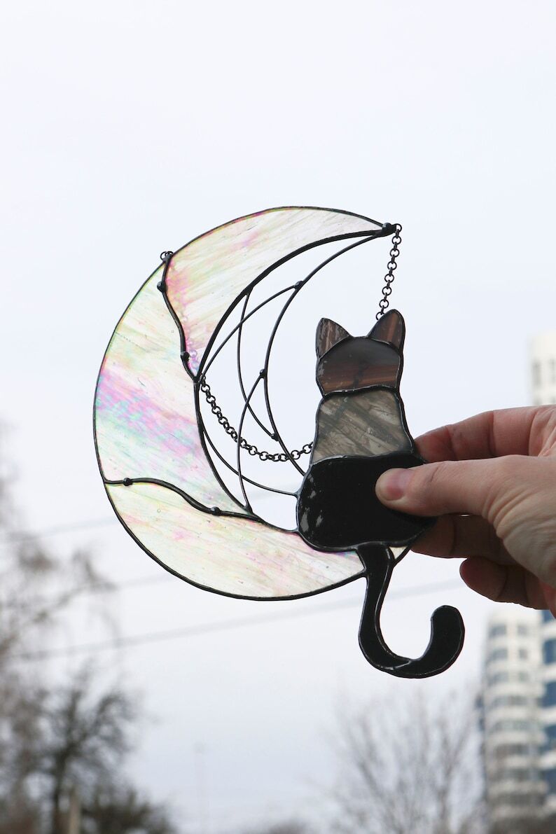 Suncatcher Black Сat on the Moon Stained glass Window hanging decor Wall Art Gift for cat lover Window glass suncatcher