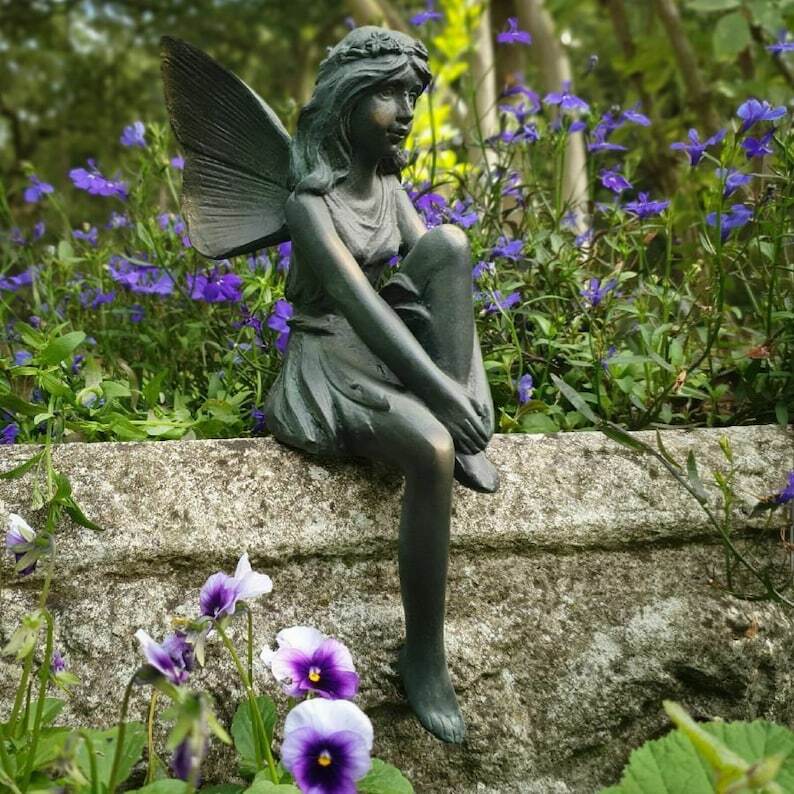 Sitting Fairy Statue Bronze Finish Indoor + Garden Decoration Ornament