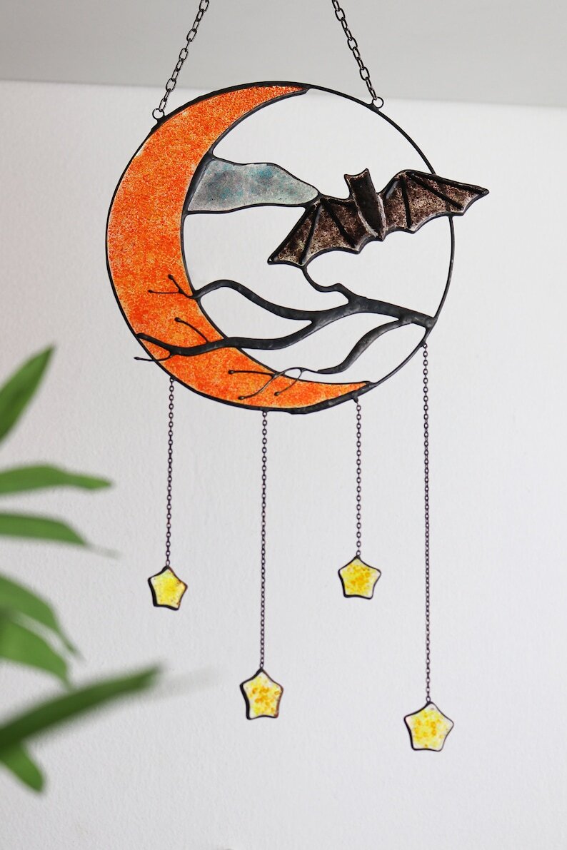 Dreamcatcher moon with bats and stars Stained glass Suncatcher bats Suncatcher moon Mystical decor Moon decor wall hanging