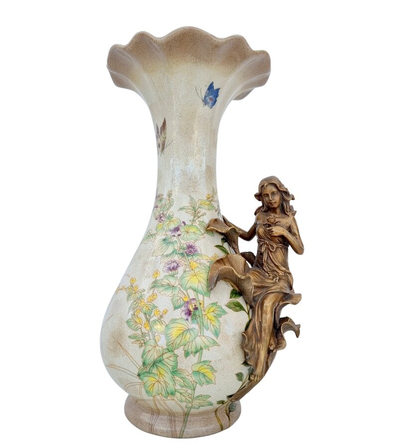 Art Nouveau style flower vase - Porcelain vase with bronze ornaments - Spring decoration
