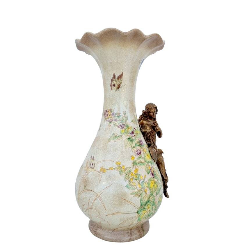 Art Nouveau style flower vase - Porcelain vase with bronze ornaments - Spring decoration
