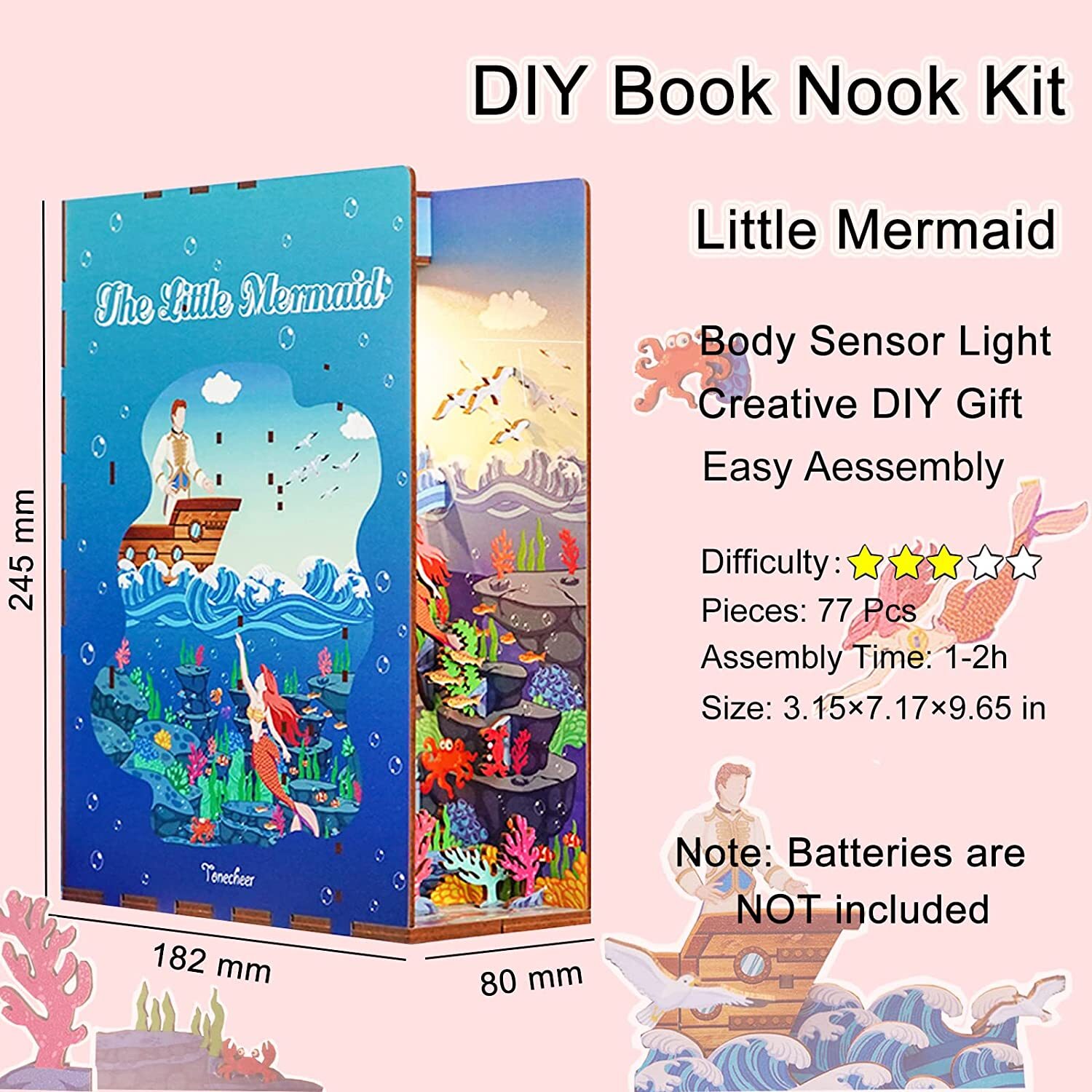 Desmond DIY Book Nook Kit, Miniature Dollhouse Kit 3D Wooden Puzzle with Sensor Light Booknook Bookshelf Insert Diorama Forest Deer Tiny Alley Decor Bookshelf Kits to Build for Kids/Adults