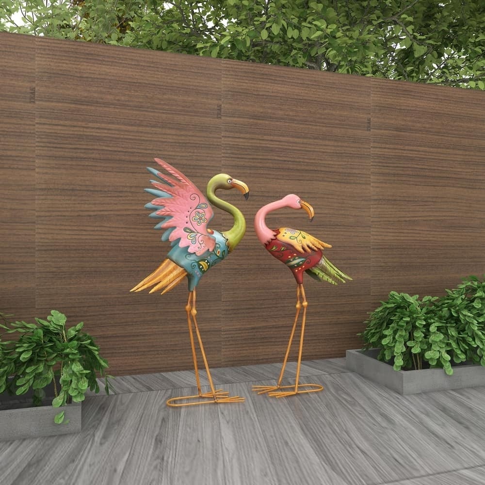 Multicolor Iron Coastal Flamingo Bird Garden Sculptures (Set of 2)