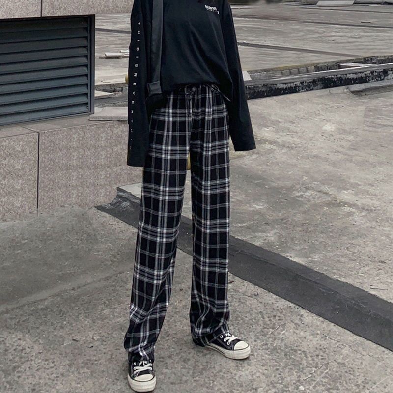 Plaid pants women summer 2022 new high-waisted loose-fitting straight trousers dropshipping tug pants casual pants