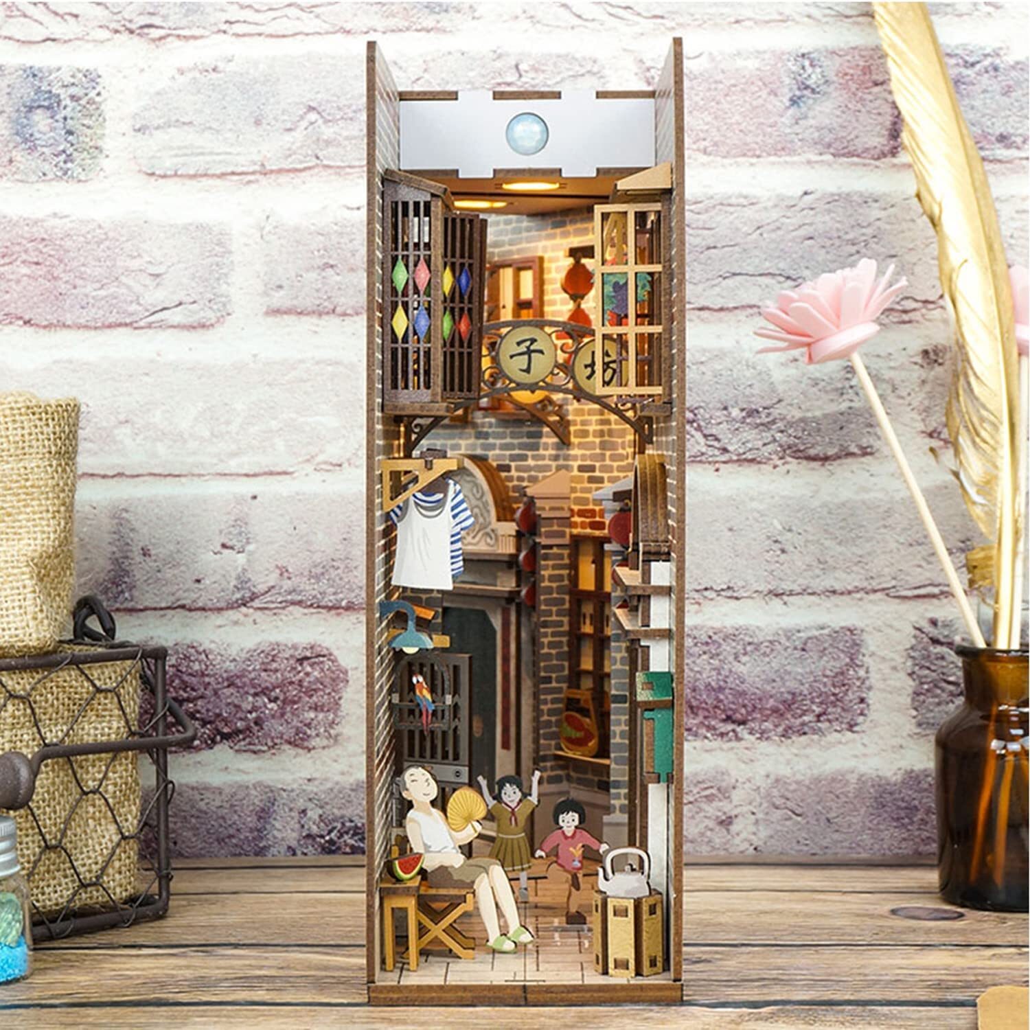 Desmond DIY Book Nook Kit, Miniature Dollhouse Kit 3D Wooden Puzzle with Sensor Light Booknook Bookshelf Insert Diorama Forest Deer Tiny Alley Decor Bookshelf Kits to Build for Kids/Adults