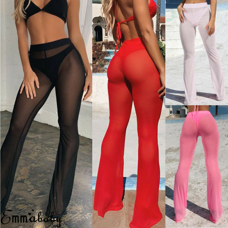 Hot Sexy Ruffle Women Beach Mesh Pants Sheer Leg Pants Transparent See through Cover Up Bikini Trouser Pantalon