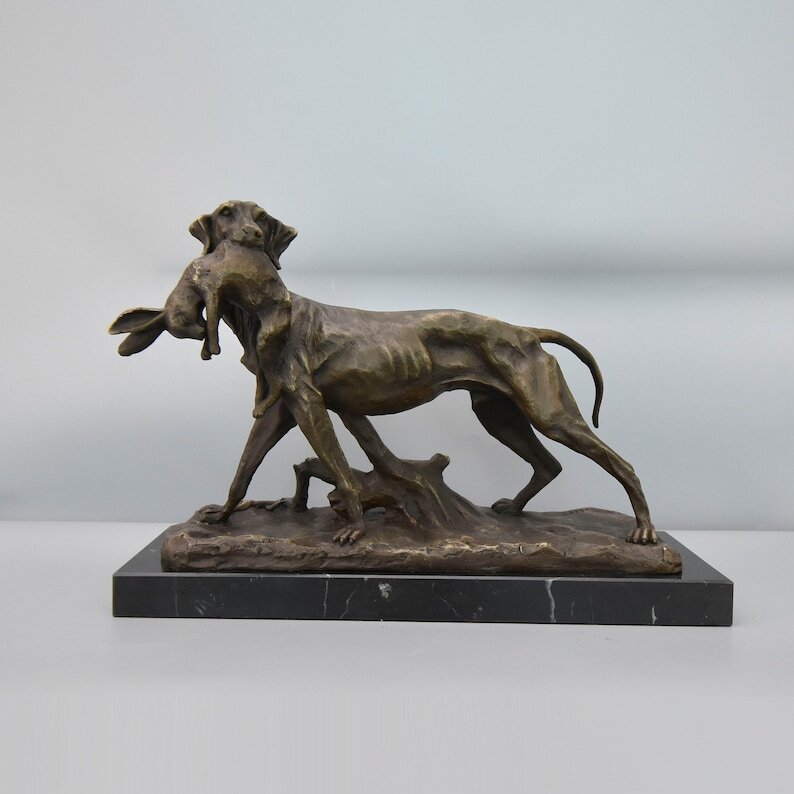 Pointer Hunting Dog with Hare, Large Bronze Sculpture on Marble Base, Vintage Figurine, Gift Idea for Hunter