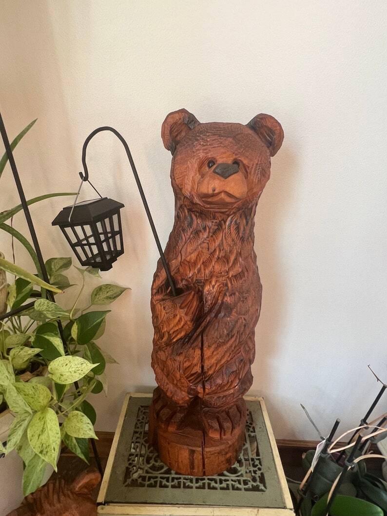 Adorable Bear Chainsaw Carving with Solar Light, Cabin Decor
