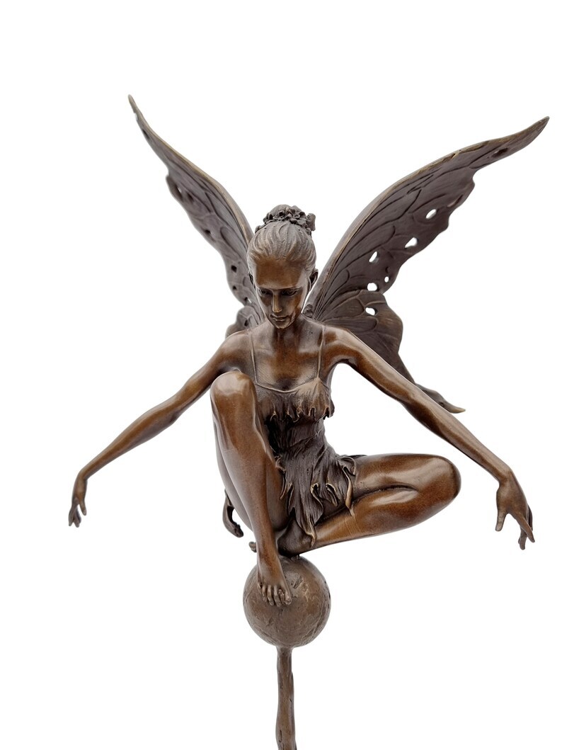 Large bronze fairy on sphere - Seated fairy - Magic sculpture
