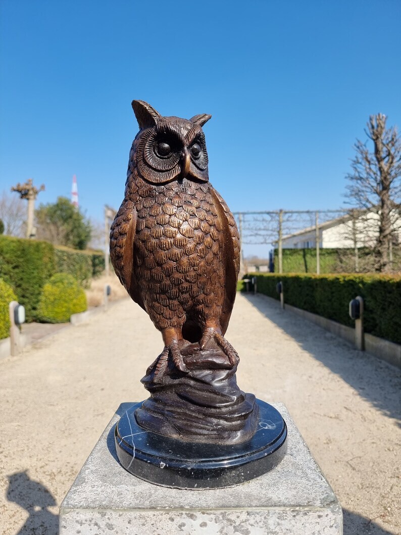 Bronze owl on marble base - Owl sculpture - Bronze owl