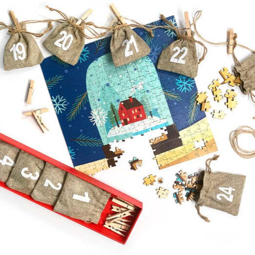 Modern Christmas Advent Calendar Pouch Kit | 250 Piece Wooden Jigsaw Puzzle