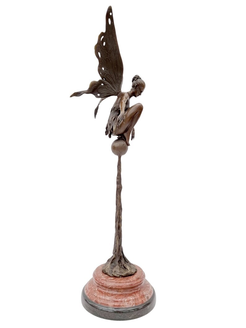 Large bronze fairy on sphere - Seated fairy - Magic sculpture