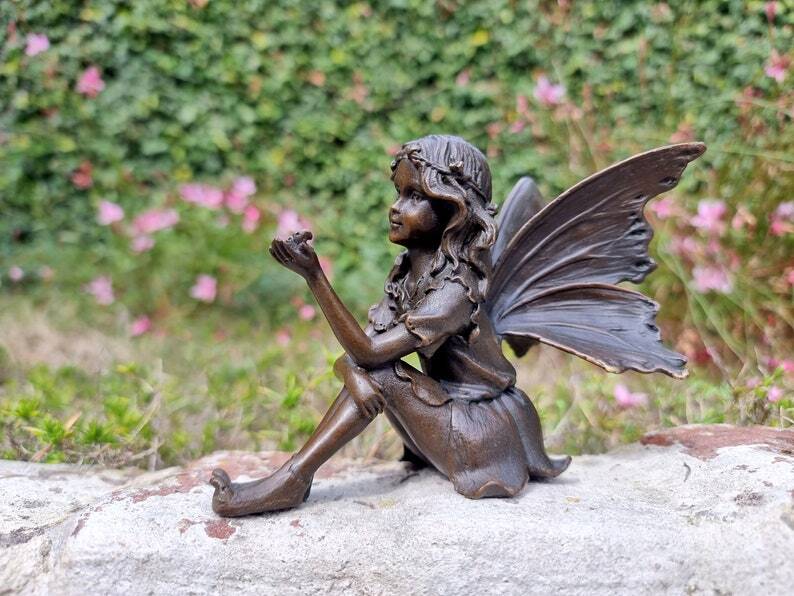 Bronze Fairy - Cute Bronze Elf - Home and Garden Ornaments - Sitting Fairy / Pixie