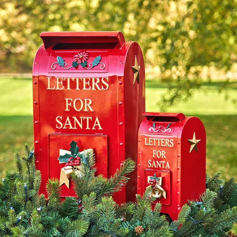 Set of 2 Glossy Red Christmas Mailboxes with Gold Details Medium and Small