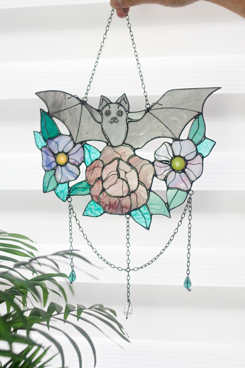 Dreamcatcher bat with flowers Gothic Hallowen decor Stained glass bat Suncatcher Wall hanging Window panel Hand made Gift idea