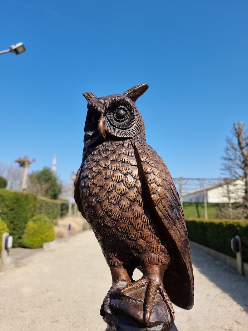 Bronze owl on marble base - Owl sculpture - Bronze owl