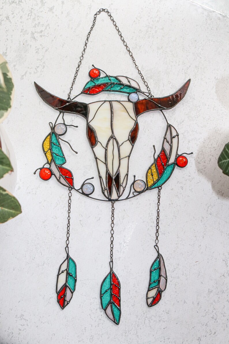 Bull skull and feather dreamcatcher Stained glass wall decor Suncatcher bull skull Custom gift Southwest suncatcher Mystical decor