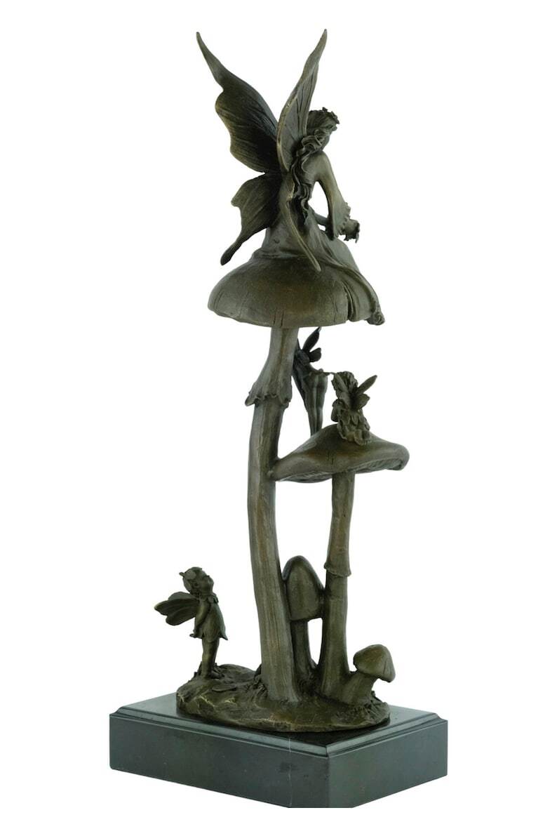 Large Bronze Fairies on Mushrooms Statue Bronze Fairies Sculpture Mythology Figurine Winged Fairy Art Bronze Art Sculpture Fairy Decoration