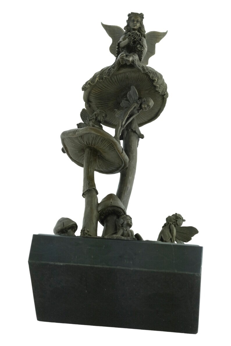 Large Bronze Fairies on Mushrooms Statue Bronze Fairies Sculpture Mythology Figurine Winged Fairy Art Bronze Art Sculpture Fairy Decoration