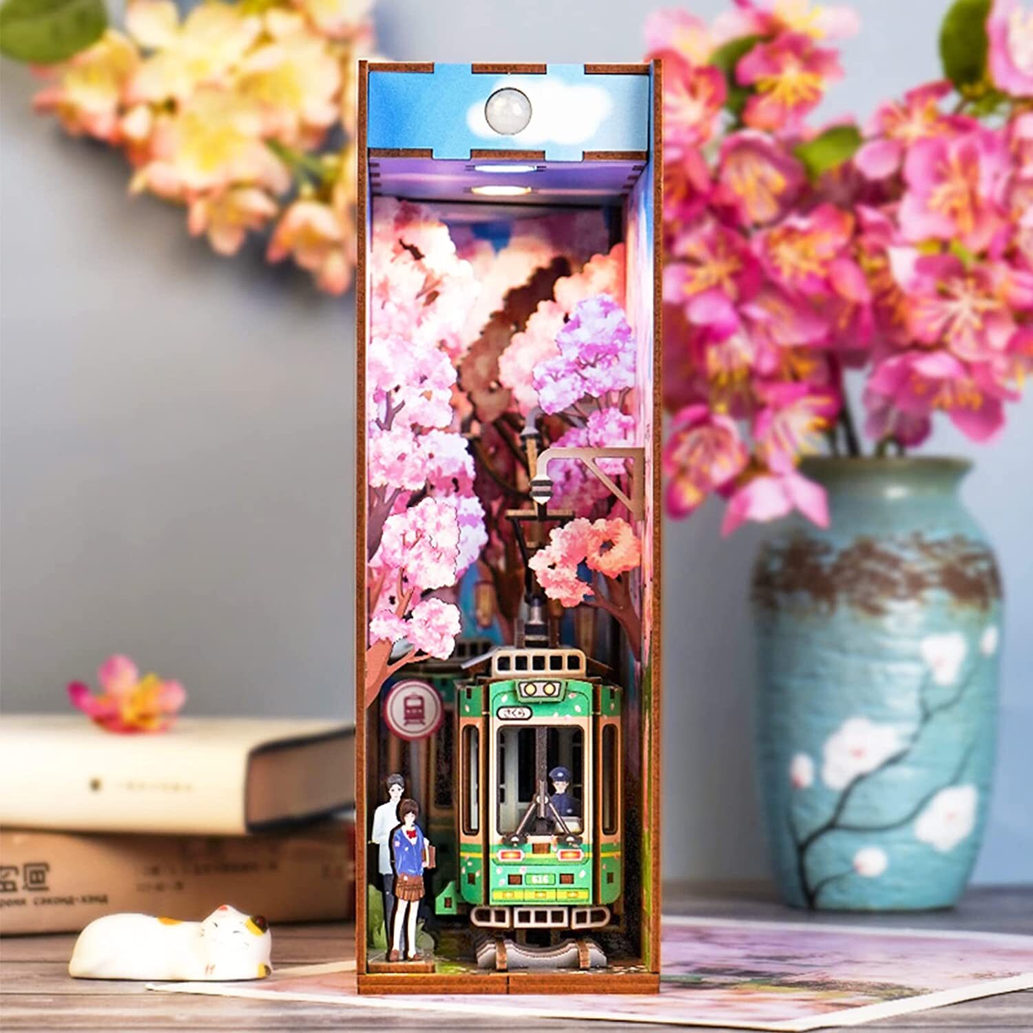 Desmond DIY Book Nook Kit, Miniature Dollhouse Kit 3D Wooden Puzzle with Sensor Light Booknook Bookshelf Insert Diorama Forest Deer Tiny Alley Decor Bookshelf Kits to Build for Kids/Adults