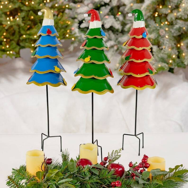 Set of 3 Assorted Colorful Santa Hat Wearing Christmas Tree Yard Stakes